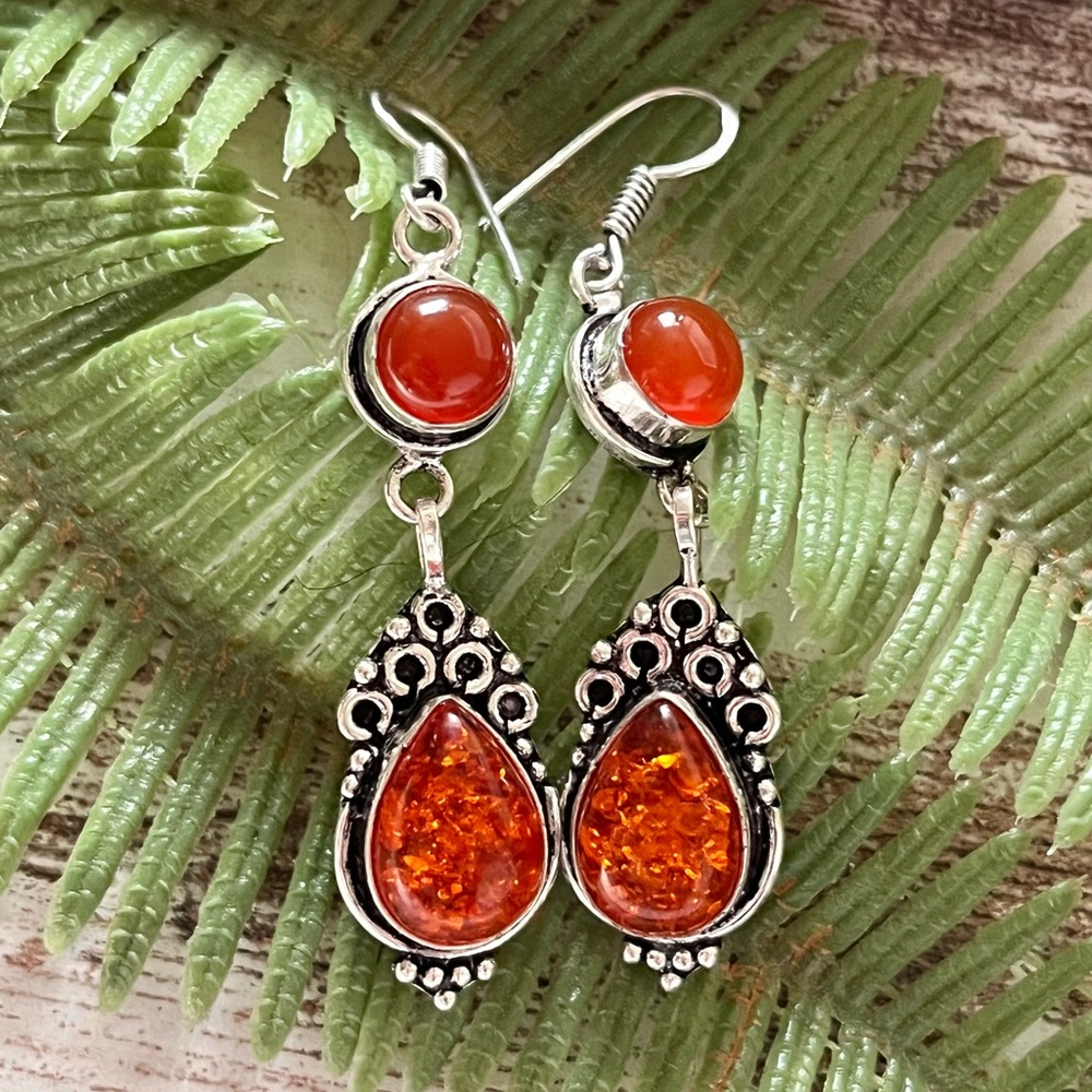 Amber & Carnelian Gemstone 2.5” Sterling Silver Earrings